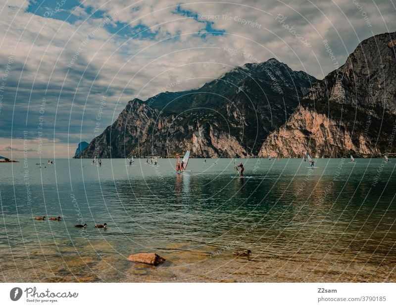 Surfer am Gardasee | Torbole gardasee norditalien Urlaub Reise Wassersport Surfen Landschaft Himmel wolken Berge Panorama sehen Gewässer Sommer Sonne anfänger