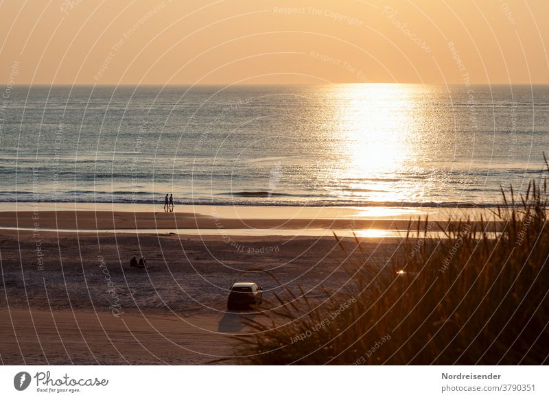 Sommerabend am Strand der Nordsee in Dänemark strand meer wasser sonne leute spaziergang düne auto stimmung gegenlicht sonnenuntergang welle sommer warm urlaub