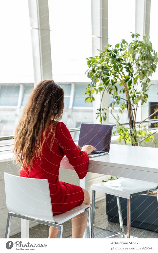 Frau mit Maske arbeitet am Laptop Unternehmer Projekt Tippen Mundschutz Coronavirus Bund 19 behüten benutzend Arbeitsplatz Tisch Netbook professionell