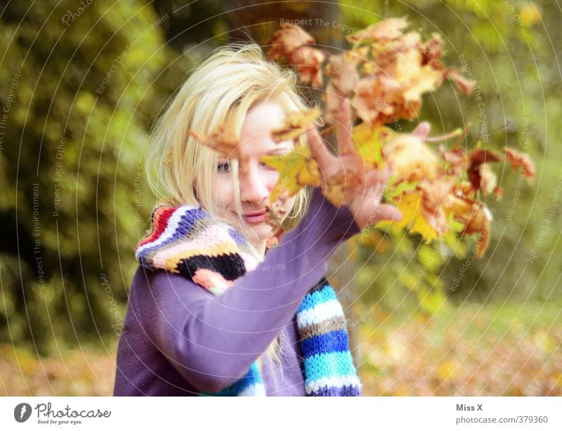 Bald kommt der Herbst Spielen Mensch feminin Junge Frau Jugendliche 1 18-30 Jahre Erwachsene Blatt Lächeln lachen werfen Gefühle Stimmung Freude Fröhlichkeit