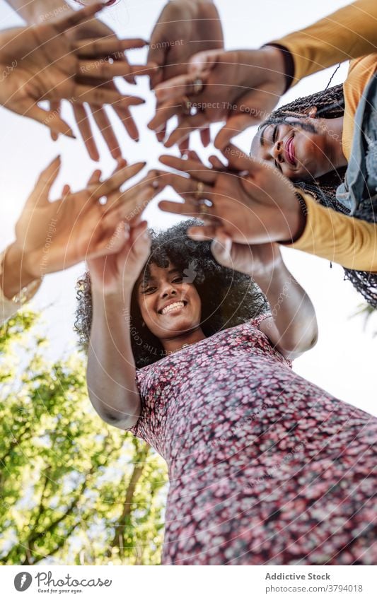 Gesellschaft von verschiedenen Frauen, die sich die Hände reichen Freundschaft Hände stapeln Zusammensein Menschengruppe Unternehmen Einheit heiter Bonden