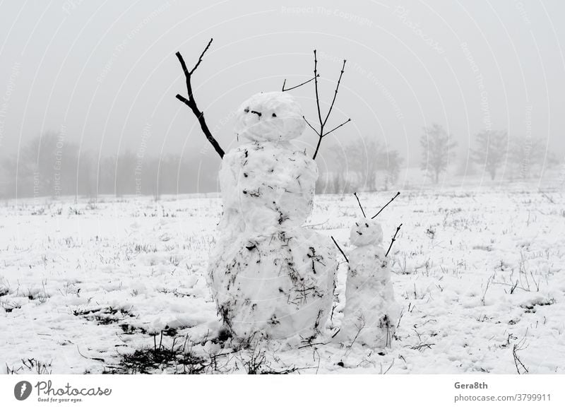 gruselige Schneemänner aus schmutzigem Schnee auf dem Hintergrund von Bäumen und Nebel ein Schneemann Niederlassungen ein paar Schneemänner dreckig