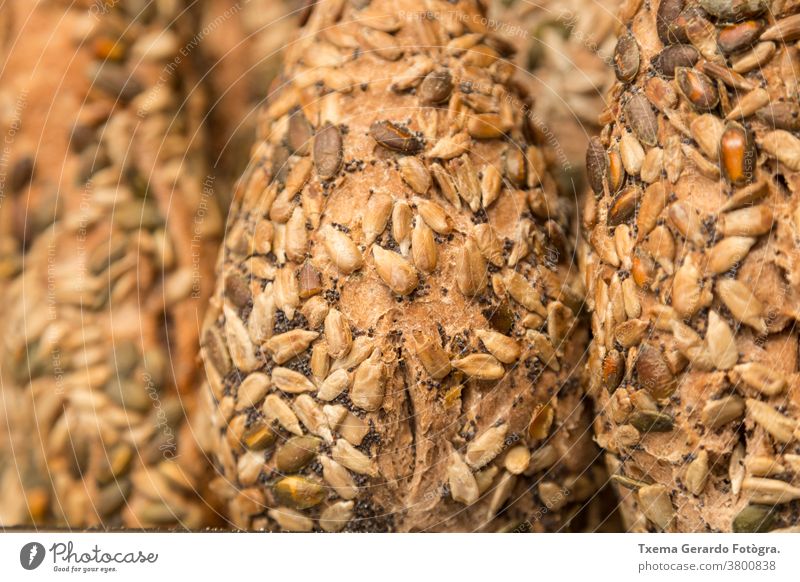 Detail von handwerklich hergestelltem glutenfreiem Saatbrot Brot traditionell backen organisch Sonnenblumenkerne Mehl Weizen Müsli rustikal Korn Lebensmittel