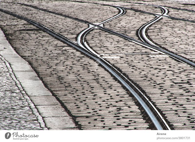 ziemlich empty street Straße grau Pflastersteine Gleise Straßenbahn Schienenverkehr Pflasterweg Schienennetz Fußgängerzone Straßenpflaster Trambahn menschenleer