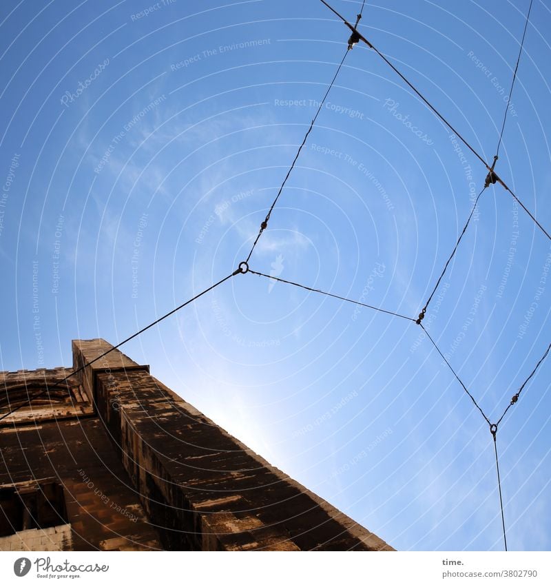 Halswirbelsäulentraining (36) haus himmel stromleitung oberleitung mauer alt historisch Schönes Wetter sonnig altbau leicht schwer draht verbindung verknüpfung