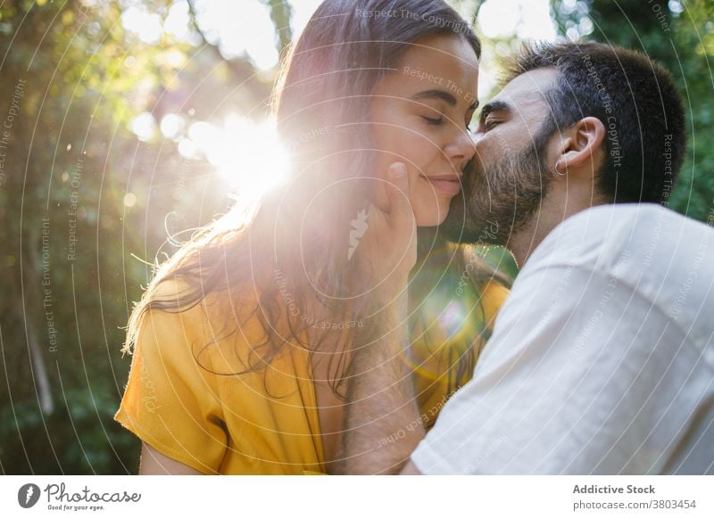 Romantisches junges ethnisches Paar verbringt Zeit miteinander im grünen Park romantisch Glück Liebe Kuss Zusammensein Zeit verbringen Garten Feiertag