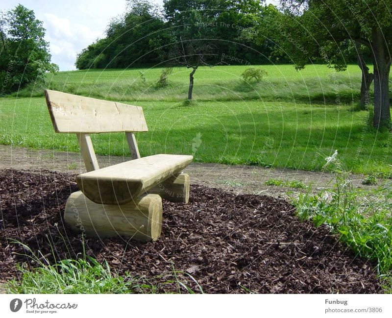 Die stille Bank Wiese ruhig Holz wandern Erholung Holzmehl grün sitzen hinsetzen Denken Platz Konzentration Garten Park Wind Idylle rindenmulch chill meadow