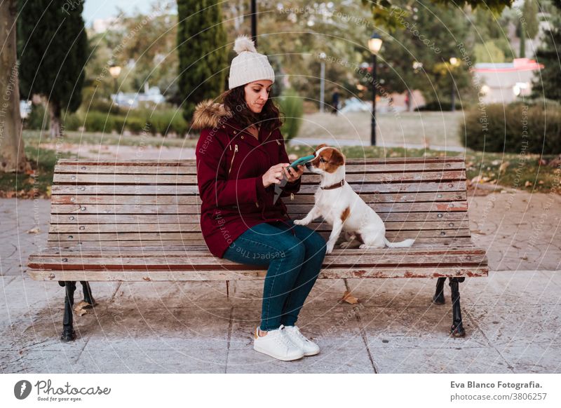 Frau, die auf einer Bank sitzt und in einem Park mit ihrem entzückenden Hund Jack Russell telefoniert. Lebensstil im Freien bezaubernd Herbst Backsteinwand