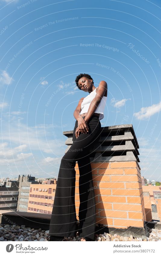 Stilvolle schwarze weibliche Modell stehen anmutig auf dem Dach Frau Dachterrasse Vorschein selbstbewusst Outfit cool Glamour Windstille schlanke positiv