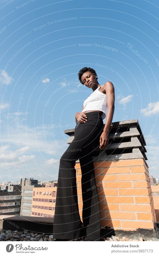 Stilvolle schwarze weibliche Modell stehen anmutig auf dem Dach Frau Dachterrasse Vorschein selbstbewusst Outfit cool Glamour Windstille schlanke positiv