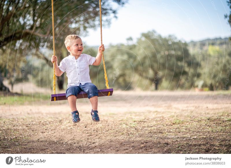 Süßes blondes Kleinkind auf der Schaukel pendeln Junge niedlich Glück genießen Vergnügen Vorschulkind Kinder Sitzen Sommerzeit Freizeit Freiheit Lachen männlich