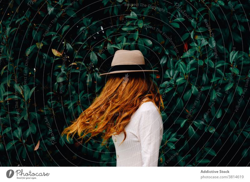 Ginger Frau mit fliegenden Haaren stehen in der Nähe von Garten Stil Hut Rotschopf trendy rote Haare modern Ingwer Mode jung lange Haare Dame selbstbewusst