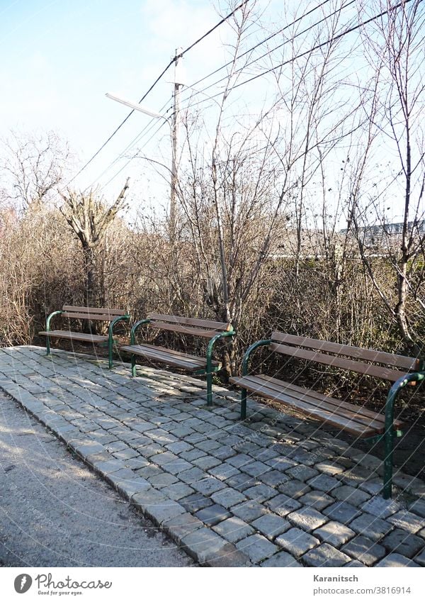 Drei Parkbänke vor kahlen Sträuchern. Bank Bänke Parkbank sitzen rasten Rastplatz Ruhe Stille leer braun Zaun Winter Frühling sonnig Sonnenschein Licht Schatten