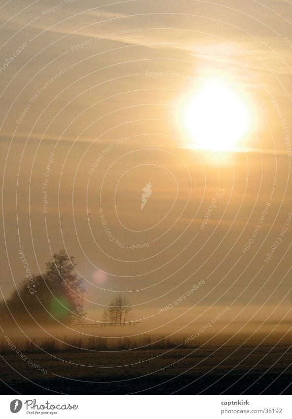 An einem Frühlingsmorgen Sonnenaufgang Nebel Wiese Steg Tau Morgennebel ruhig Gebet Au Morgendämmerung