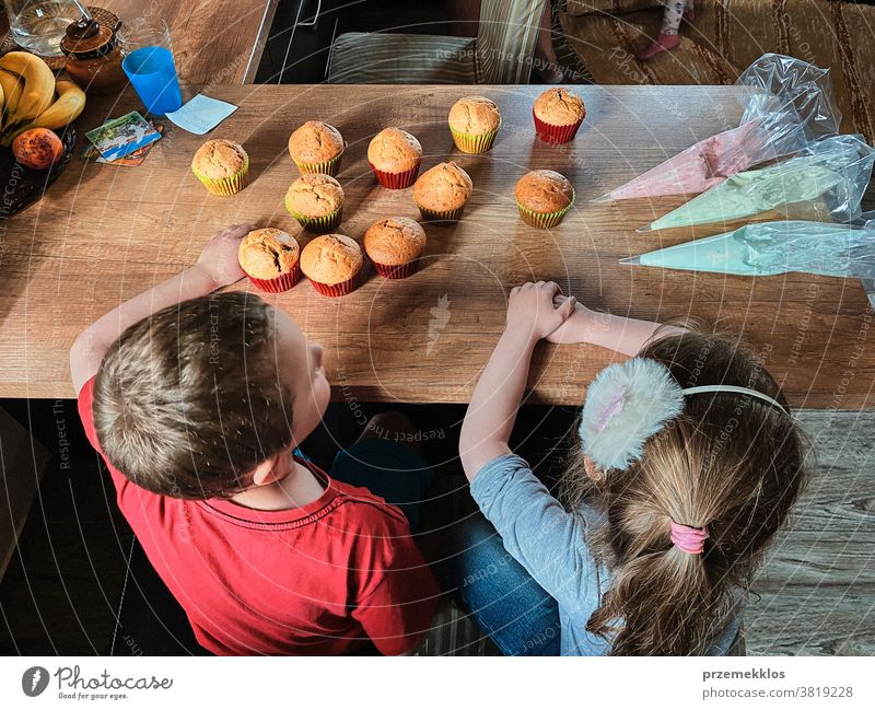 Kinder backen Muffins, bereiten Zutaten vor, dekorieren Kekse Cupcake dekorierend vorbereitend Essen zubereiten Familie heimisch Zusammensein Kindheit Glück