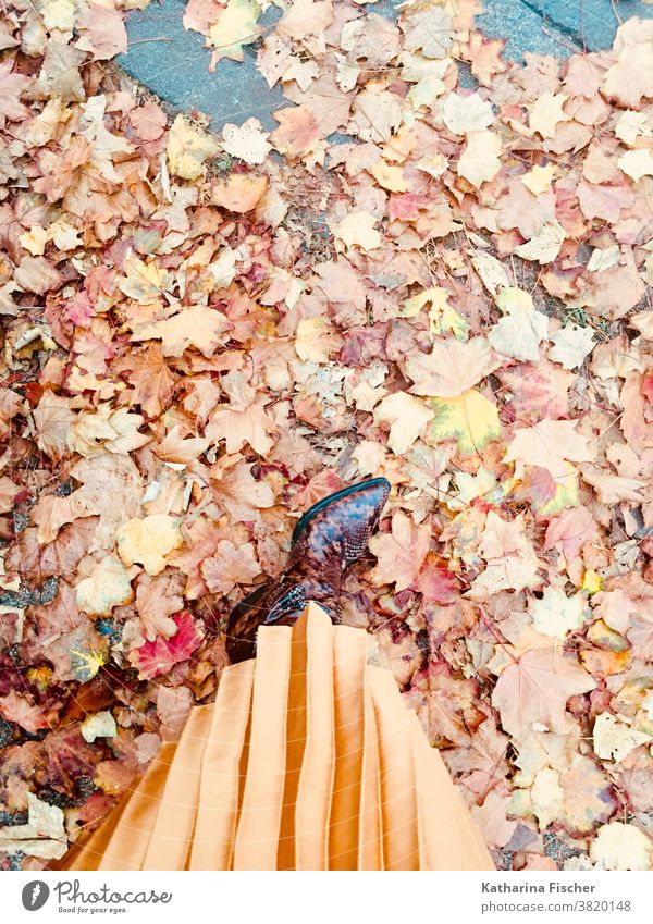 Herbstimpressionen, Lederstiefel und Plisseerock auf Herbstlaub Vogelperspektive Schuhe Außenaufnahme Tag Fuß Beine Farbfoto Bodenbelag rot stehen Straße braun