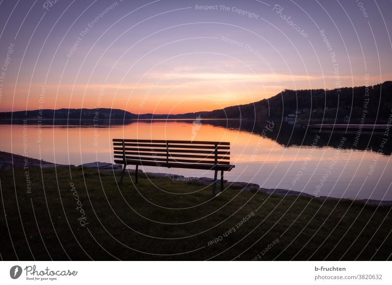 Parkbank in der Morgendämmerung See Wasser Natur ruhig Seeufer Landschaft Sonnenaufgang Licht Silhouette Himmel Umwelt