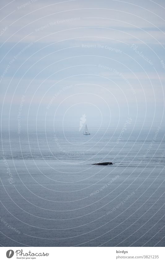 Segelboot bei nebligem Wetter auf dem Atlantik Meer Nebel Wolken Horizont Küste Felsen Wasser bewölkt segeln vorbeisegeln Nieselregen Gedeckte Farben Himmel