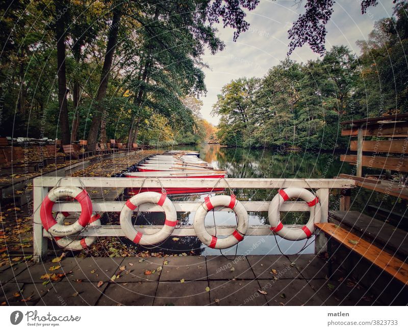 Bootsanleger Rettungsringe Herbst Berlin Neuer see Himmel Bäume Menschenleer Außenaufnahme Farbfoto Seeufer Reflexion & Spiegelung Saisonende Mobil ruhig Idylle