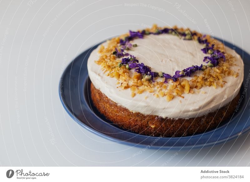 Hausgemachter Kuchen mit Sahne und Nüssen Dessert süß rustikal selbstgemacht dekorieren Nut Blume Lebensmittel lecker Gebäck geschmackvoll gebacken Küche