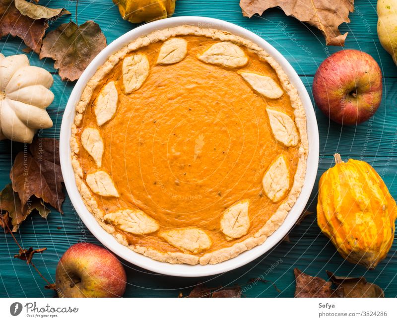 Grüner Herbsthintergrund mit Kürbiskuchen fallen Pasteten Kuchen Stimmung Hintergrund Erntedankfest Blatt grün Halloween Squash Butternuss dekorativ