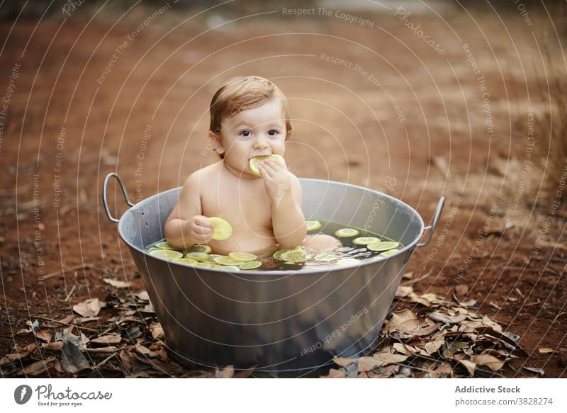 Adorable Kleinkind Kind essen Zitronen in Metall Bad Kindheit genießen nackt charmant unschuldig Baby Geburtstag feiern Sand Land Zitrusfrüchte Frucht Scheibe