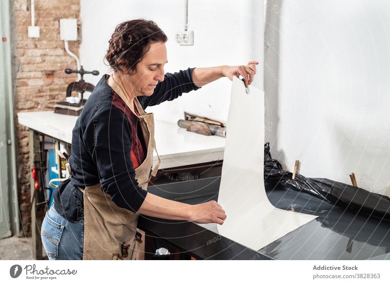 Handwerker Frau ordnet Papier auf Druckmaschine Druckgrafik Presse drucken kreieren Kunstgewerbler professionell Handwerkerin Kunstwerk bewerben Werkzeug