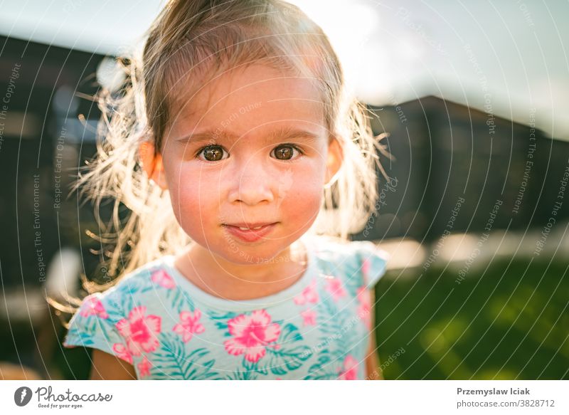 Wunderschönes Porträt eines kleinen Mädchens in einem sonnigen, grünen Hof im Sommer. Baby Kindheit Hintergrund 2-3 happines bezaubernd niedlich Natur