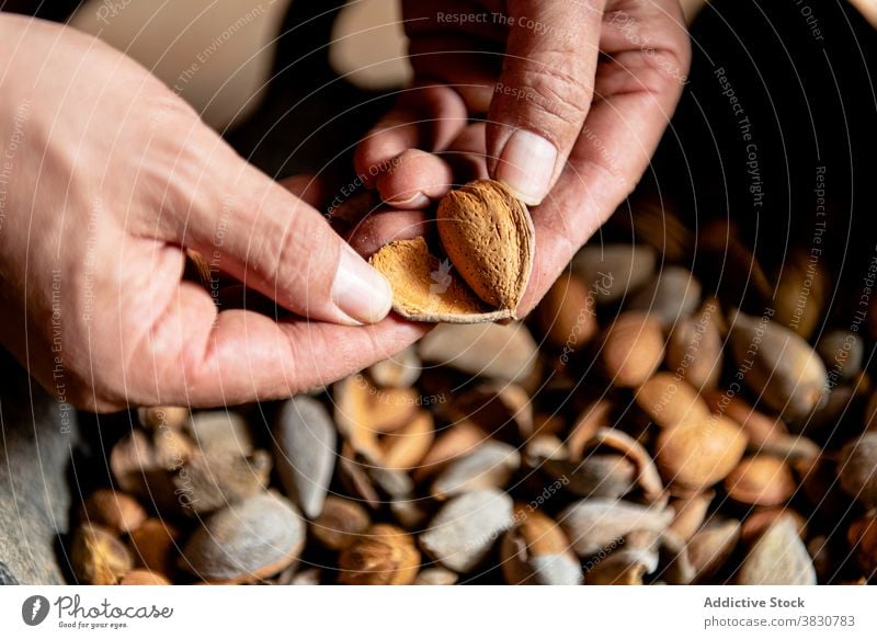 Hände mit geöffneter Mandelschale Person Hand Nussschale aufgeklappt Panzer Nut Kernel Haufen Lebensmittel organisch frisch Vegetarier Veganer Ernährung