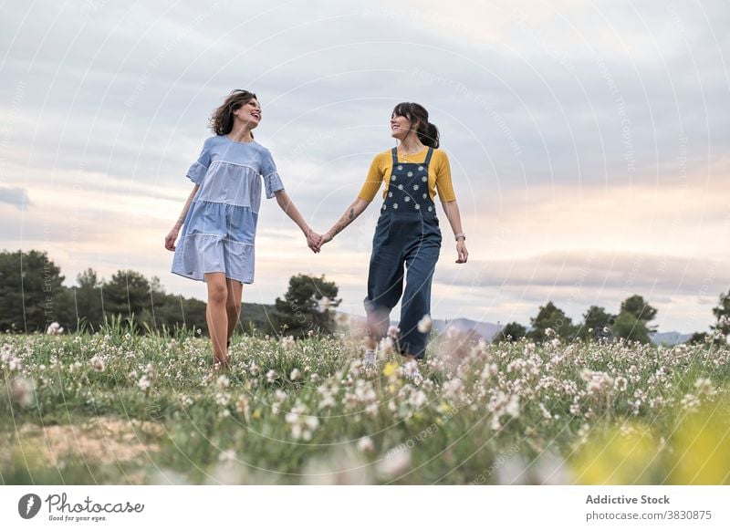 Positive Frauen laufen durch Wiese Glück aufgeregt sorgenfrei Spaß haben Sommerzeit schlanke Natur heiter Zahnfarbenes Lächeln Harmonie Feld Freundschaft