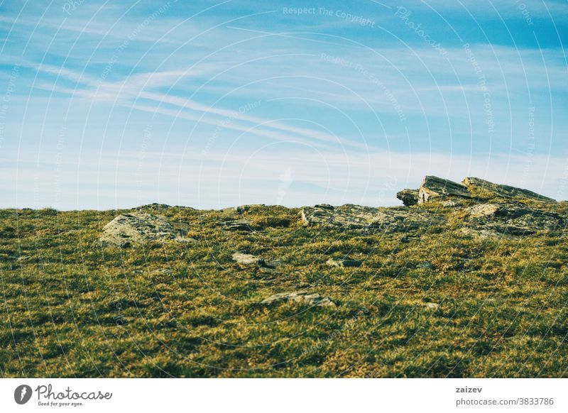 Blick auf einige große Felsen auf dem Boden zwischen dem Gras Landschaft Grasland Wiese Feld Ansicht Horizont Steine Himmel grün blau Kraut proportional grau