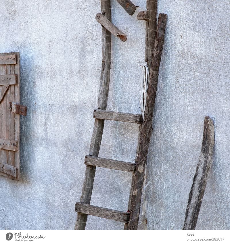 Trockene Wohngegend (für Lukow.) Hütte Mauer Wand Treppe Fassade Fenster Leiter Balken Stock Holz Holzbrett Linie alt dünn authentisch einfach kaputt braun grau