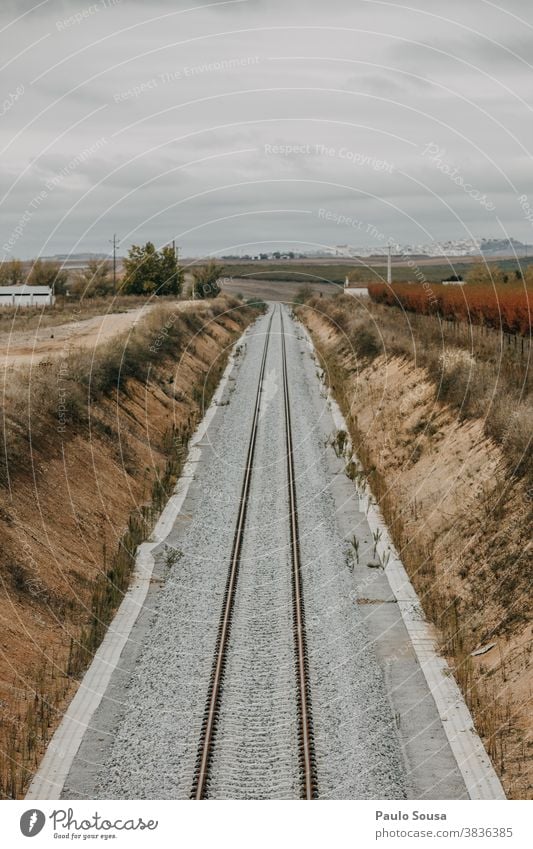 Eisenbahnstrecke Zug Bahnfahren Verkehr Bahnhof Portugal Verkehrsmittel Farbfoto Geschwindigkeit Bahnanlage Schienenverkehr Außenaufnahme Podest