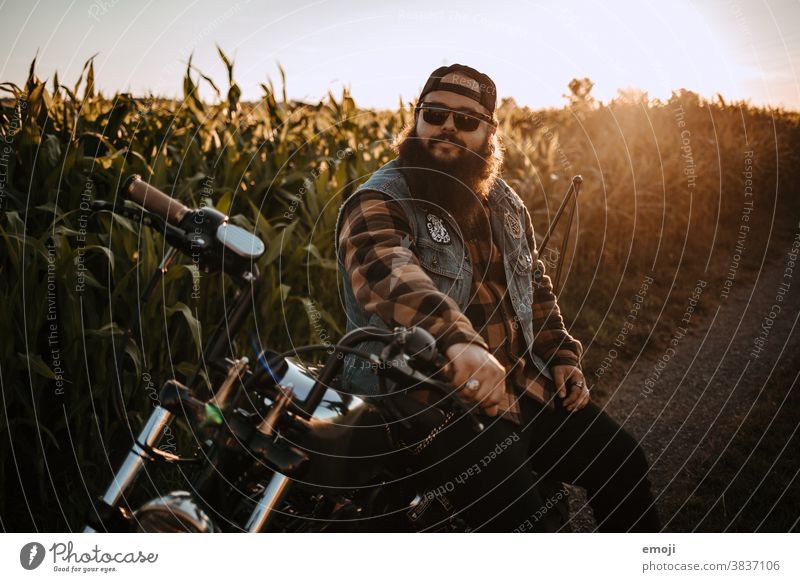 junger Mann mit Bart auf Motorrad vor Maisfeld bei Sonnenuntergang jugendlich sonnenuntergang Draussen trendy Hipster bart motorrad harley maisfeld Coolness