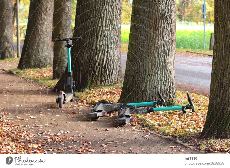 3 E-Scooter bereit für den nächsten Einsatz Roller fahren Technik & Technologie Vermietung Herbstlaub Fußgängerweg Lifestyle Botanischer Garten Gütersloh