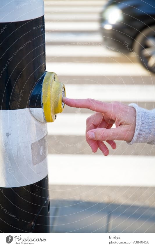 Fußgänger drückt Kontaktknopf, Anforderungstaster an einer Fußgängerampel. Frauenhand drückt den Anforderungsknopf, Zebrastreifen mit vorbeifahrendem Auto