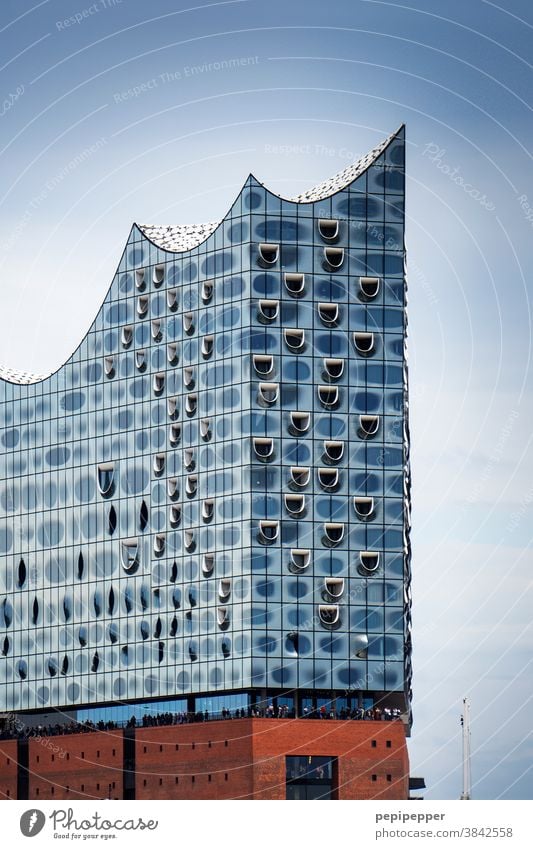 Hamburg, Elbphilharmonie Hafen Wahrzeichen Sehenswürdigkeit Hafenstadt glänzend Denkmal Reflexion & Spiegelung Bauwerk Skyline Gebäude Architektur maritim blau