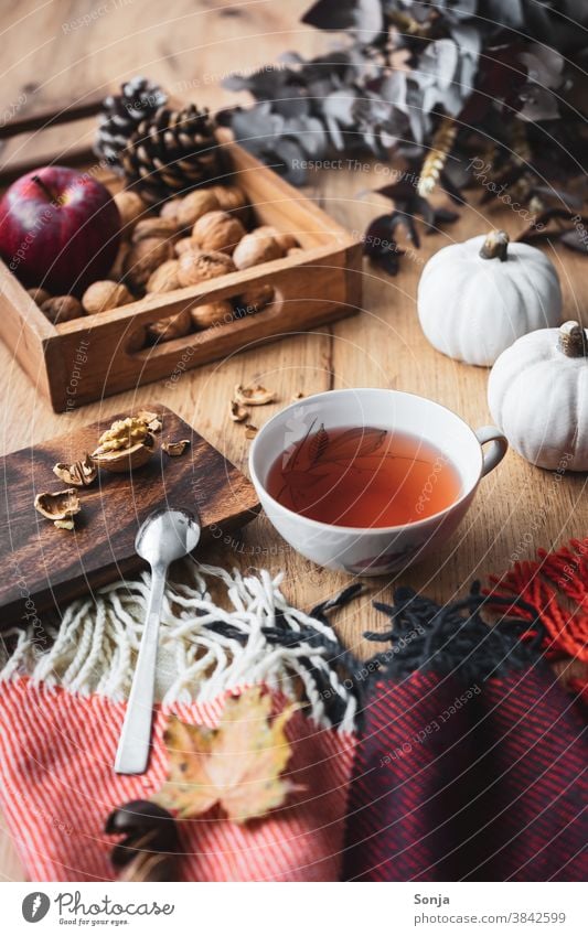 Eine Tasse Tee auf einem herbstlich gedeckten Tisch Heißgetränk Stillleben Wolldecke Hygge Erholung Herbst Menschenleer Getränk Winter Morgen Wochenende