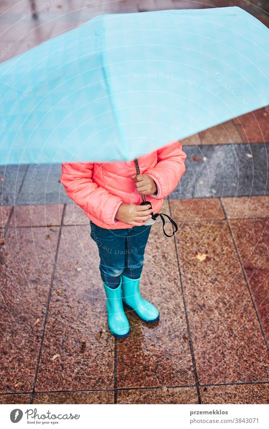 Kleines Mädchen hält großen blauen Regenschirm beim Spaziergang an einem regnerischen Tag regnet im Freien heiter freudig wenig Herbst saisonbedingt fallen