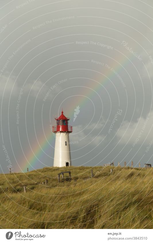 Leuchtturm auf grüner Wiese vor einem Regenbogen Gras Wolken Sylt Zaun Regenwolken Wetter Ferien & Urlaub & Reisen Himmel Menschenleer