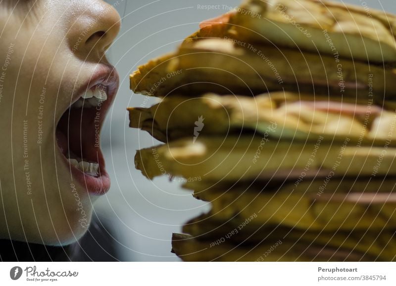 Konzept des hungrigen Mädchens Belegtes Brot Lebensmittel Mittagessen schön Ernährung hübsch weiß jung Glück Frau Mahlzeit Snack geschmackvoll lecker