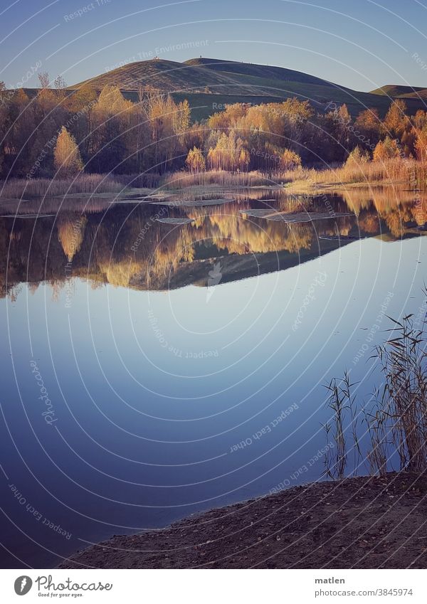 Herbst am Baggersee See Berg Deponie Refec Landschaft Außenaufnahme blau Tag Himmel Farbfoto Wasser Seeufer ruhig Schönes Wetter Reflexion & Spiegelung Baum