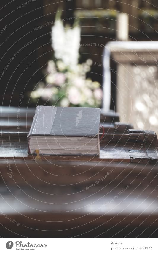 erbauliche Lektüre Gebetbuch Kirche Kirchenbank Gotteslob Liederbuch Gesangbuch beten Religion Christentum Gottesdienst Altar Blumenschmuck Gesteck Messe heilig