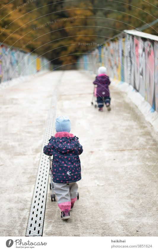 zwei kleine Kinder mit Kinderwagen auf dem Weg zum Spielplatz mädchen kind park familie wald herbst menschen brücke stadt urban schieben gehen kinderwagen