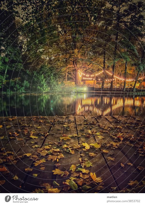 Verlassen Nacht See Lokal Biergarten Lichter Reflexion & Spiegelung Wasser ruhig Laub Bäume Tiergarten Berlin Holzbohlen Lichterkette Außenaufnahme Seeufer