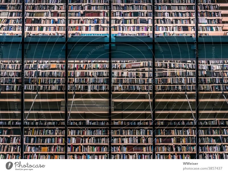 Eine Wand aus Tausenden von Büchern in einer Bibliothek viele Spiegelung Glas Menge Riga lesen Lektüre Kunst Literatur Buch Bildung Roman Lesestoff Wissen