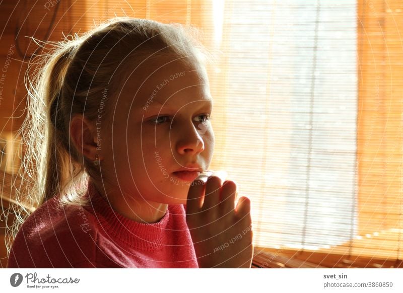 Ein blondes Teenagermädchen sitzt bei Tageslicht durch einen Vorhang an einem Fenster und schaut nachdenklich nach vorne, die Hand ans Kinn. Porträt eines nachdenklichen blonden Mädchens.