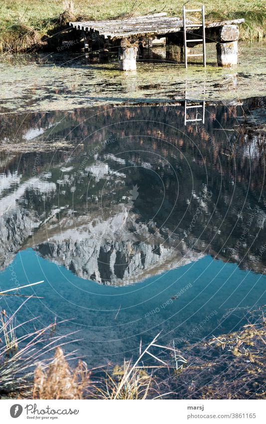 Der Ausweg aus der versunkenen Bergwelt. Spiegelung vom Sinabell in einem Fischteich mit Anlegestelle und Ausstiegsleiter Wasser Alpen Reflexion & Spiegelung