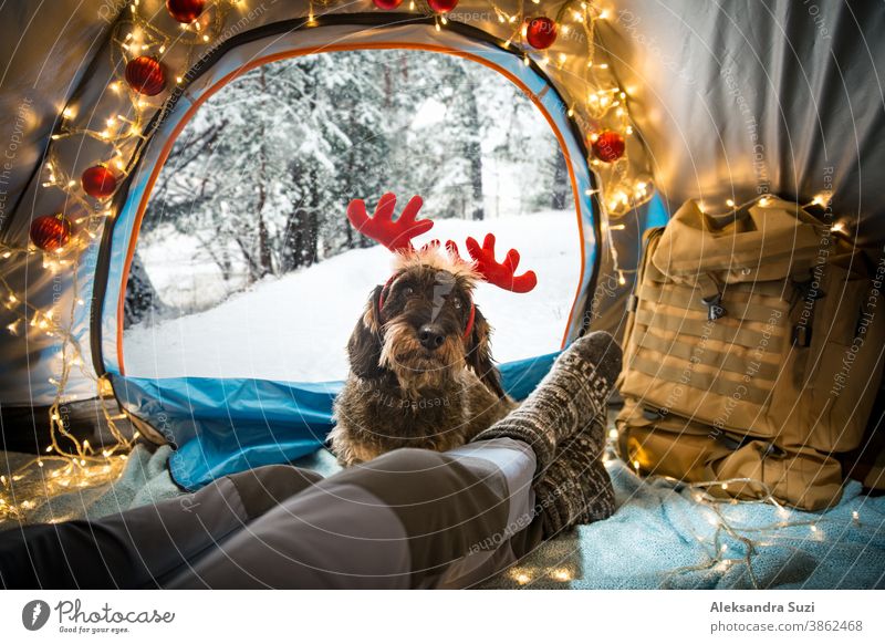 Ein Mann, der in einem mit Weihnachtsbeleuchtung geschmückten Zelt liegt und warme Holzsocken trägt. Wunderschöner, schneebedeckter, wilder Winterwald. Selbstisolation und soziale Distanzierung während der Feiertage. Reisen mit Hund