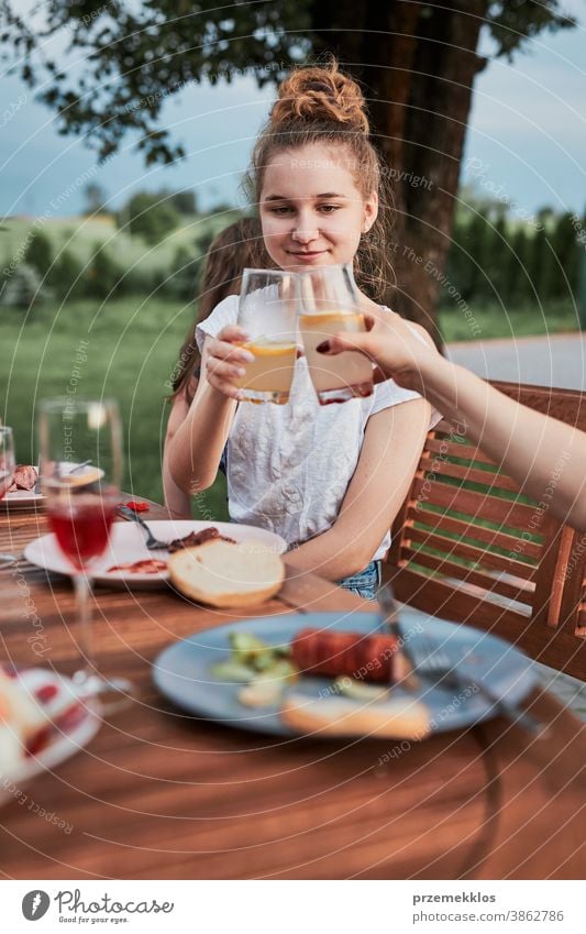 Familie macht Toast während des Sommerpicknicks im Freien beim Abendessen im Hausgarten heimwärts Festessen habend Picknick Lebensmittel Mann Zusammensein Frau